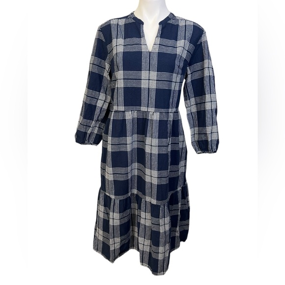 Barbour Renfew dress US 6 blue/white plaid 100% cotton A-line casual 3/4 slv - Picture 2 of 8